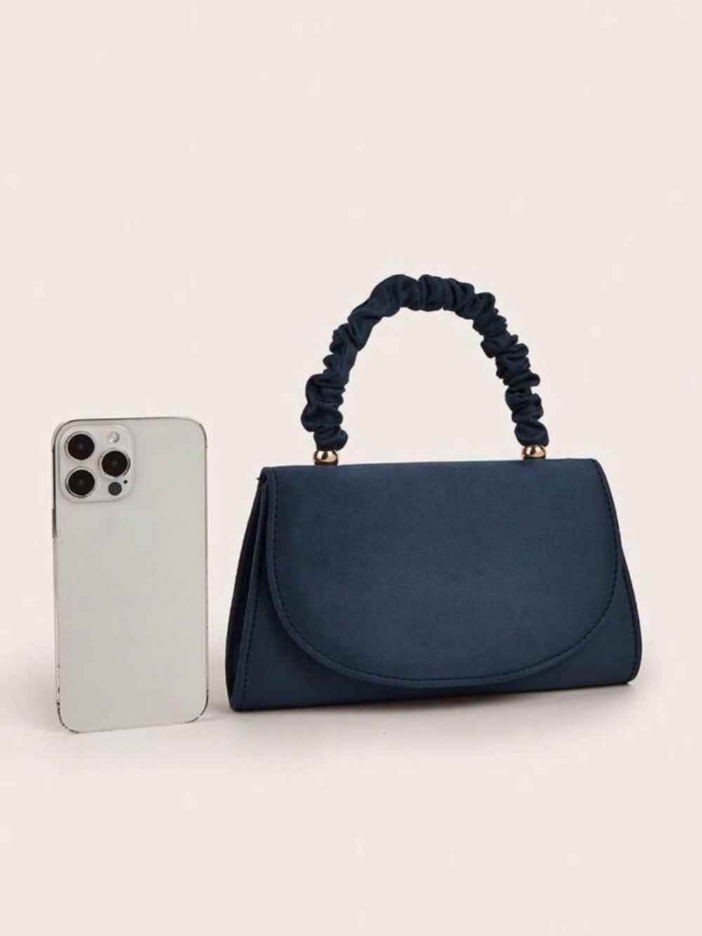 NEW Navy Blue Ruched Handle Top-Handle Bag with Chain Strap - Picture 5 of 9